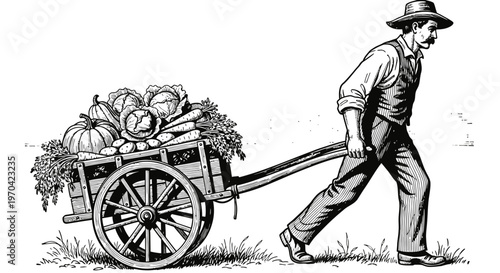 Vintage Woodcut Illustration of a Farmer Pulling a Wooden Cart Filled with Harvested Vegetables Including Pumpkin Cabbage and Carrots