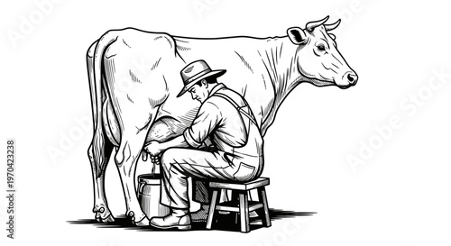 Vintage Hand-Drawn Engraving Illustration of a Farmer Milking a Cow by Hand on a Traditional Dairy Farm
