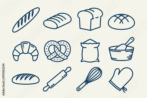 Bakery baguette loaf croissant pretzel flour sack whisk oven mitt