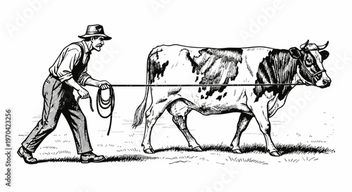 Vintage Style Illustration of a Farmer Leading a Spotted Dairy Cow with a Rope, Traditional Agricultural Scene in Retro Woodcut or Engraving Style