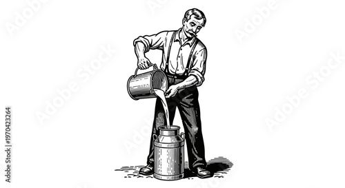 Vintage woodcut illustration of a traditional farmer pouring fresh milk from a bucket into a metal churn
