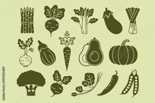 Assorted dark green vegetables on a light green background