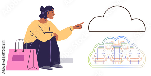 E-commerce, cloud storage, digital innovation, online shopping, data management, technology. Woman seated with a shopping bag pointing to a cloud and cloud circuit graphic. E-commerce and cloud