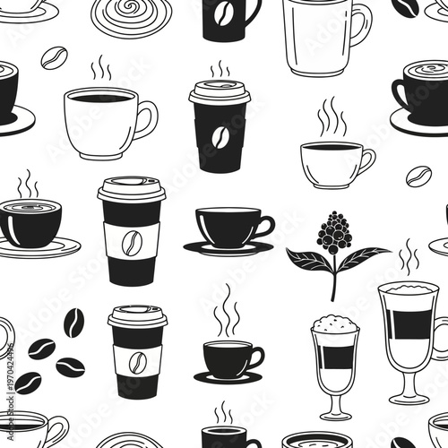Collection of Hand Drawn Coffee Cups and Beans Seamless Pattern.