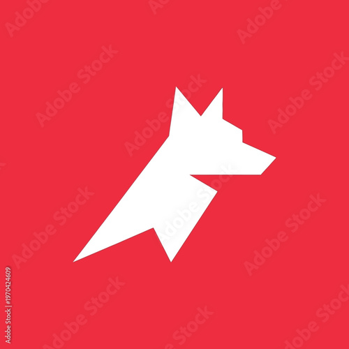 Geometric White Fox Head Silhouette on Red Background.