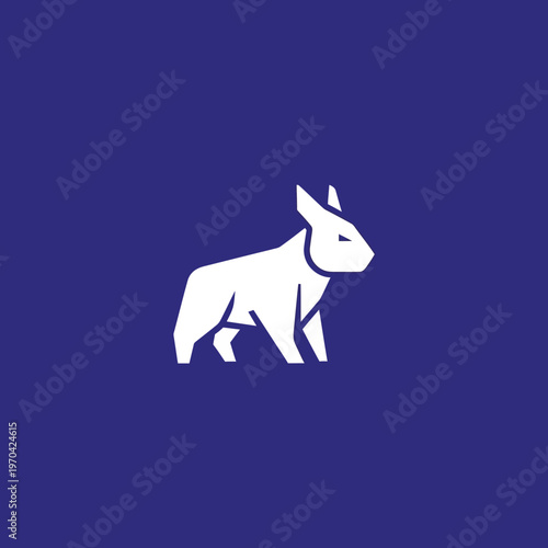 Minimalist Geometric White Rabbit Icon on Blue Background.