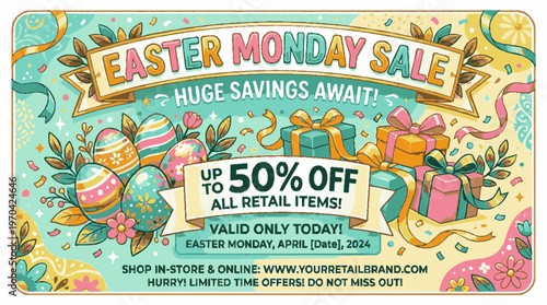Colorful easter monday sale banner promoting 50 off retail items with festive decorations and gifts