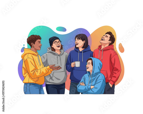 Diverse group of happy young people in hoodies laughing and socializing together. Concept of youth friendship, multicultural community, casual startup culture, and positive social interaction.