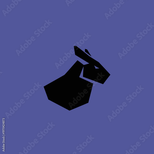Geometric Black Rabbit Head Silhouette on Purple Background.