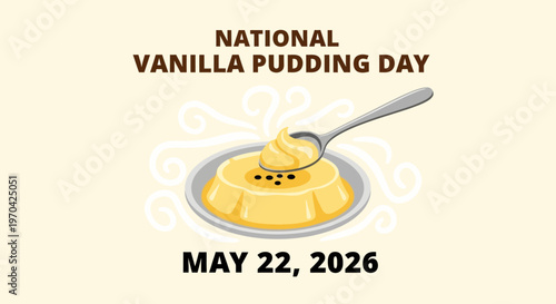 National Vanilla Pudding Day celebration with pudding and spoon isolated on background