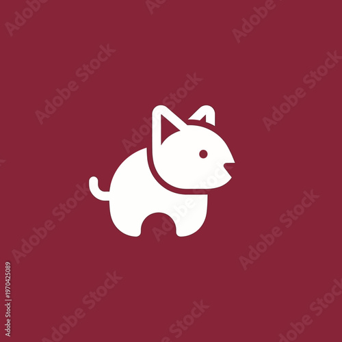 Minimalist White Cartoon Dog Icon on Burgundy Background.