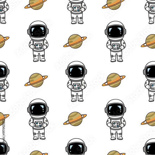 Cute Astronaut Pattern with Planets in Space.