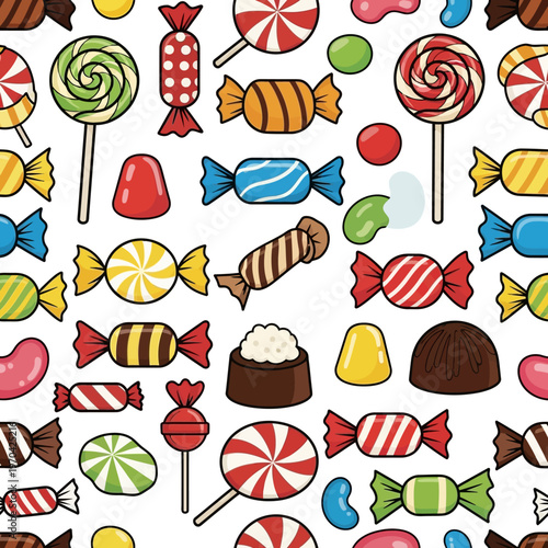 Assortment of colorful candies and lollipops pattern.
