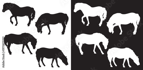 Set of wild horse silhouettes in black vector style with various farm and wild animals icons collection