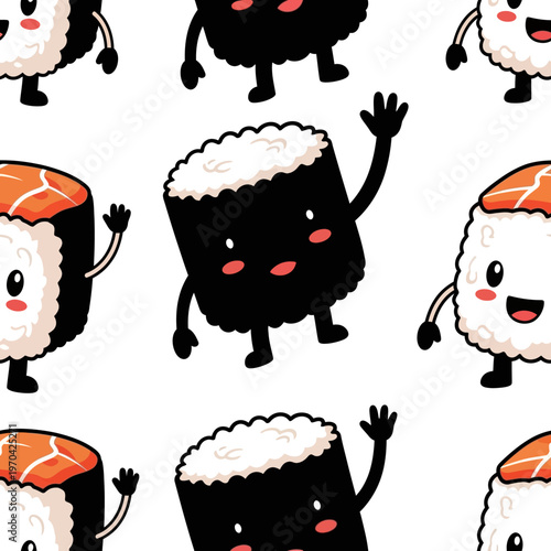 Cute Kawaii Sushi Characters Waving Hello Seamless Pattern.