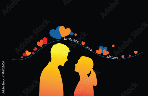 Brother and sister silhouettes with colorful hearts on black background