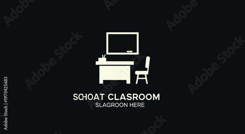 Simple White Icon of a Classroom Desk and Chair.