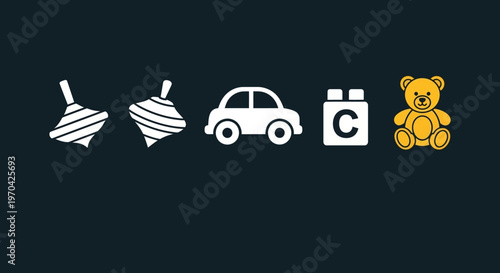 Collection of classic toys including spinning tops, car, block, and teddy bear.