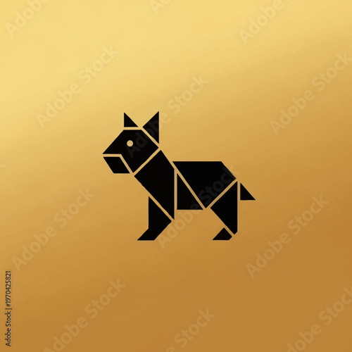Origami dog silhouette geometric design on golden background.