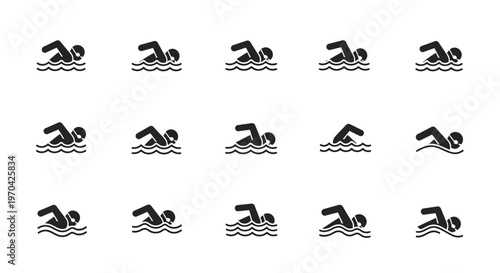 Set of Swimming Icons Representing Athletes in Water.