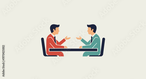 Two businessmen in suits having a discussion across a table.