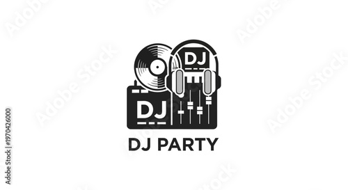 DJ Party Logo with Turntable and Headphones.