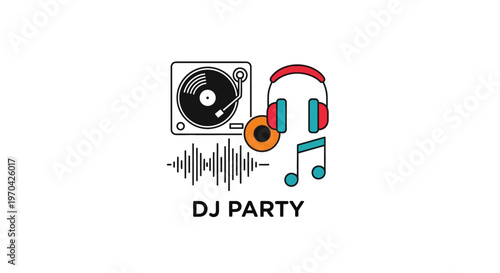 DJ Party Music Equipment and Sound Waves Illustration.