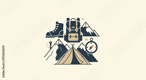 Outdoor Adventure Gear and Mountain Landscape Illustration.