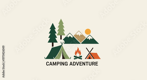 Camping Adventure Scene with Tents and Mountains.