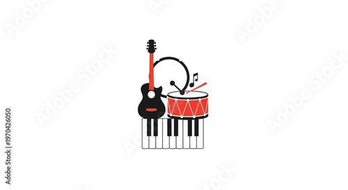 Musical Instruments Collage With Keyboard Guitar Drum And Headphones.