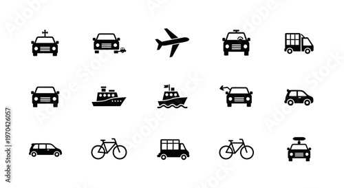 Collection of Transportation Icons for Various Modes of Travel.
