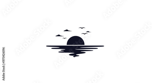 Silhouette of a Setting Sun Over Calm Water with Birds.