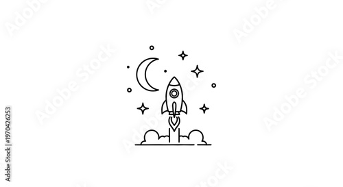 Rocket Launching into Night Sky with Stars and Moon.