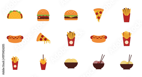 Collection of Delicious Fast Food and Asian Cuisine Icons.