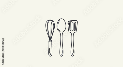 Hand-drawn illustration of kitchen utensils on a plain background.