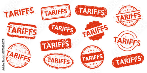 Set of red, distressed stamps displaying the word TARIFFS in multiple shapes rectangles, ovals, circles, seals on white background. Vector illustration