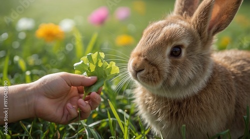 Rabbit eating greens from a child's hand in a colorful garden  