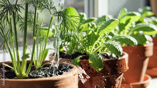 Closeup of Fresh Herbs Growing in Terracotta Pots on a Sunny Windowsill.