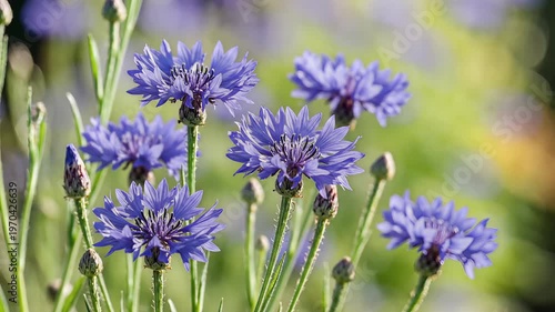 Closeup of vibrant blue cornflowers blooming in a sunlit garden.