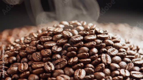 Closeup of Freshly Roasted Coffee Beans with Steam Rising 1.