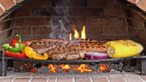 Delicious Steaks and Vegetables Grilling Over Open Flames.