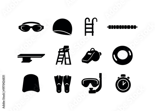 Swimming and water sports: swimming goggles, swim cap, pool ladder, lane divider, diving board, lifeguard chair, whistle, float ring, kickboard, fins