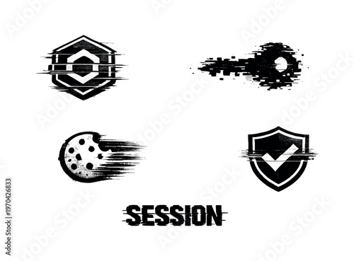 Digital authentication tokens and session security theme, a set of four glitch-distorted monochrome objects placed on a perfectly clean white