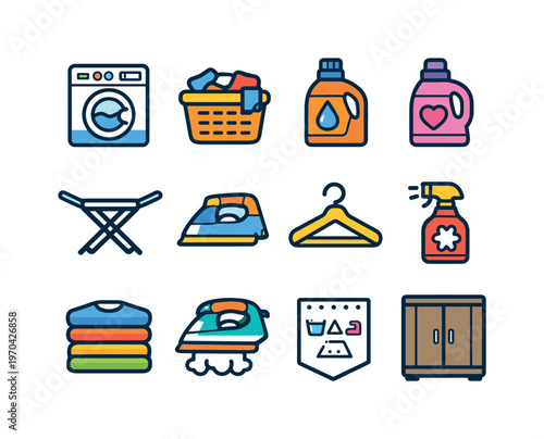 Laundry and clothing care: washing machine, laundry basket, detergent bottle, fabric softener, drying rack, iron, hanger, stain remover, folded