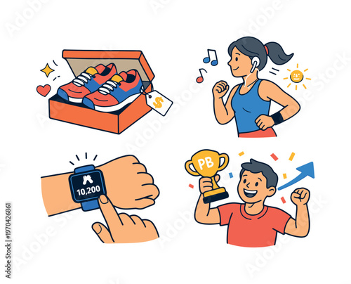 Small set of four thematic mini-illustrations on one white canvas showing stages of a fitness journey: buying new running shoes, jogging with earbuds