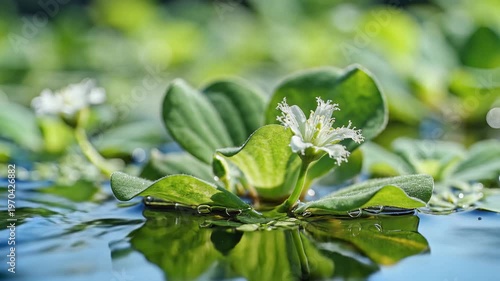 Closeup of Floating Water Hyacinth Plant with Delicate White Flowers on Water Surface.