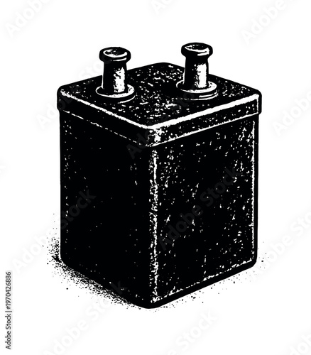 A vintage lantern battery shown in three-quarter perspective, slightly angled so the rectangular body sits solidly while the two terminal posts rise