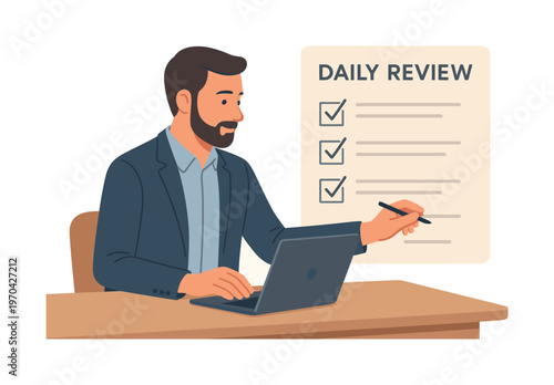 A professional structuring a clear daily review ritual at the end of a workday, sitting at a desk with a laptop while summarizing completed tasks into