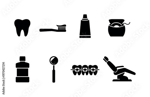 Dental care: tooth, toothbrush, toothpaste tube, dental floss, mouthwash bottle, dental mirror, braces, dental chair