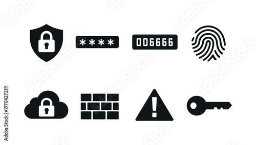 Online security: shield with lock, password asterisk field, two-factor code, fingerprint, secure cloud, firewall wall, alert triangle, key icon